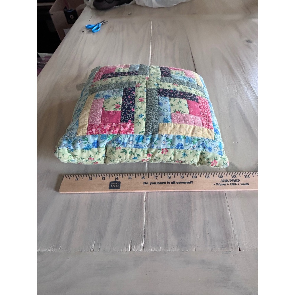 Vintage Handmade Quilted Patchwork Log Cabin Floral Pillow 12x12 Cottagecore - Picture 4 of 9